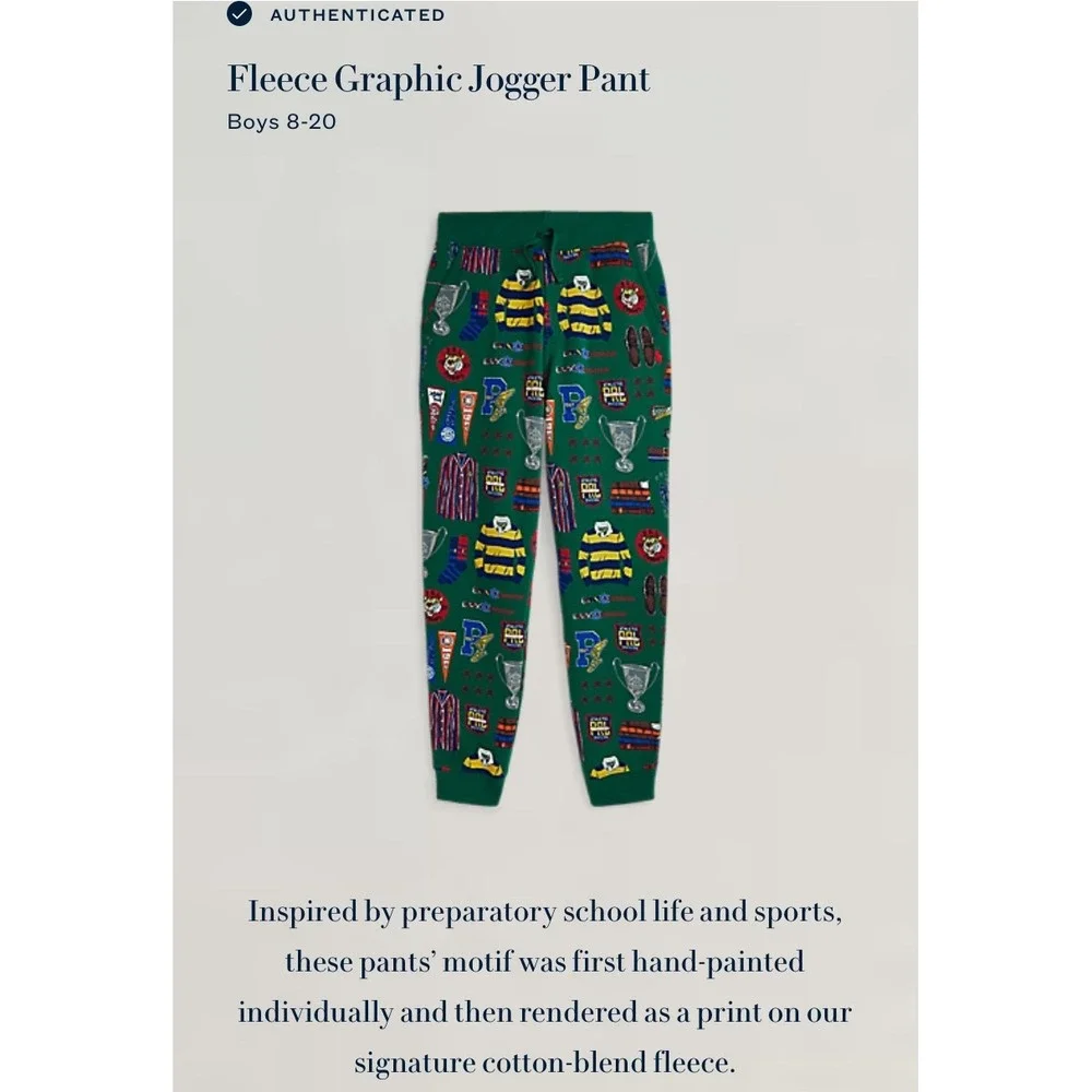 Polo Ralph Lauren Boys Size 3 Green Athletic‎ Graphic Fleece Jogger Pants NWT